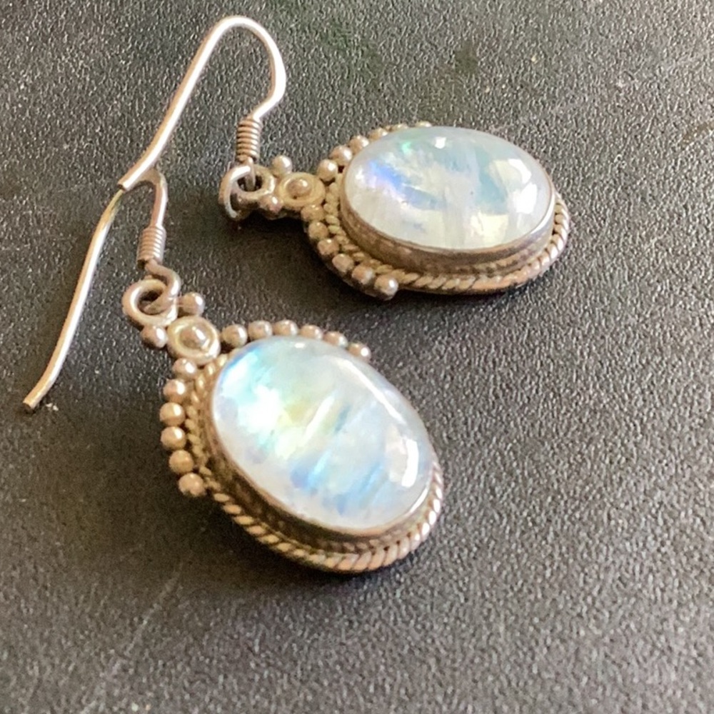 Large Sterling Rainbow Moonstone Earrings